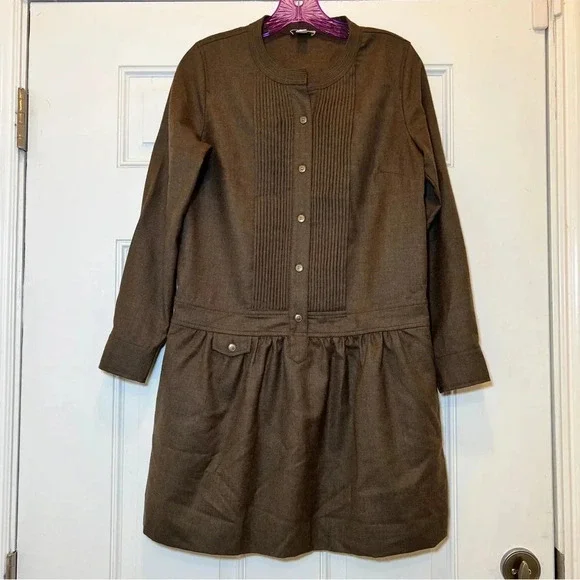 J. Crew Pin Tucked Dropped Waist Long Sleeve Dress 100% Wool Olive Brown Size 4 - Picture 1 of 5